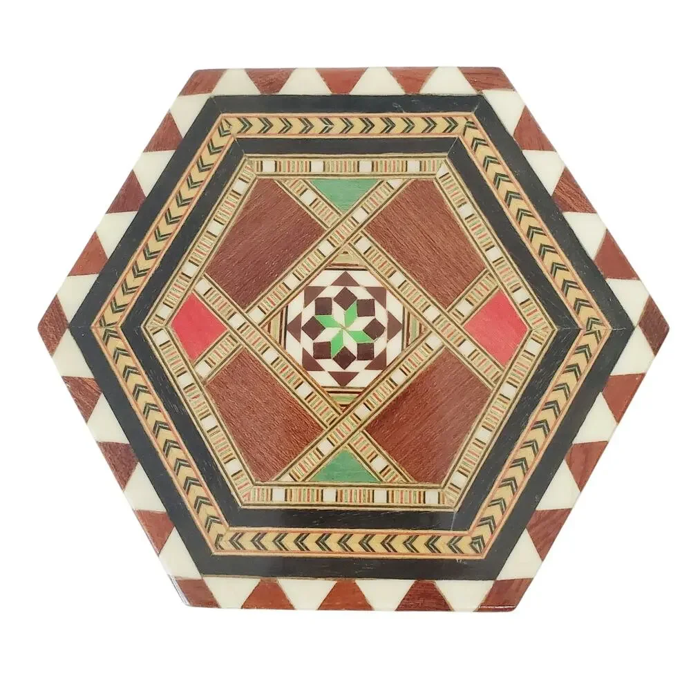 Vintage Spanish Marquetry Trinket Box| Hexagon Jewelry Inlaid Wood Taracea